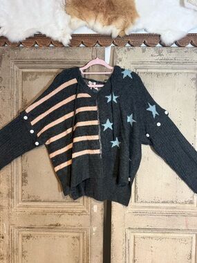 POL Black V-Neck Sweater with Pink Stripes & Light Blue Stars